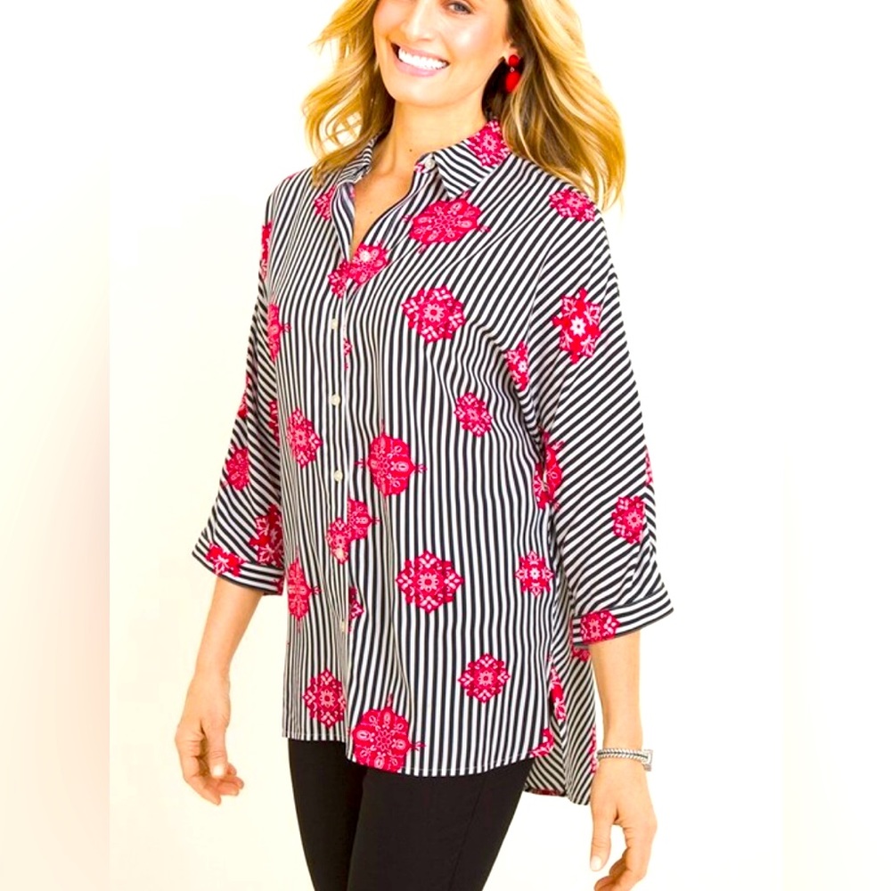 Chico’s High Low Button Down Pink Medallion Striped Tunic Top Sz‎ 3 (XL)